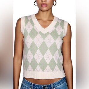 Princess Polly Cream and Green Argyle Knit Sweater Vest